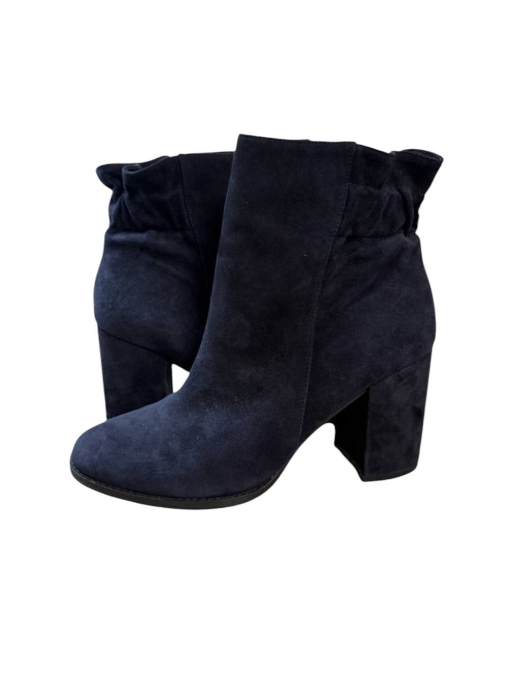 Arturo Chiang Blue Suede Ruffle Collar Chunky Heel Ankle Booties Size 10